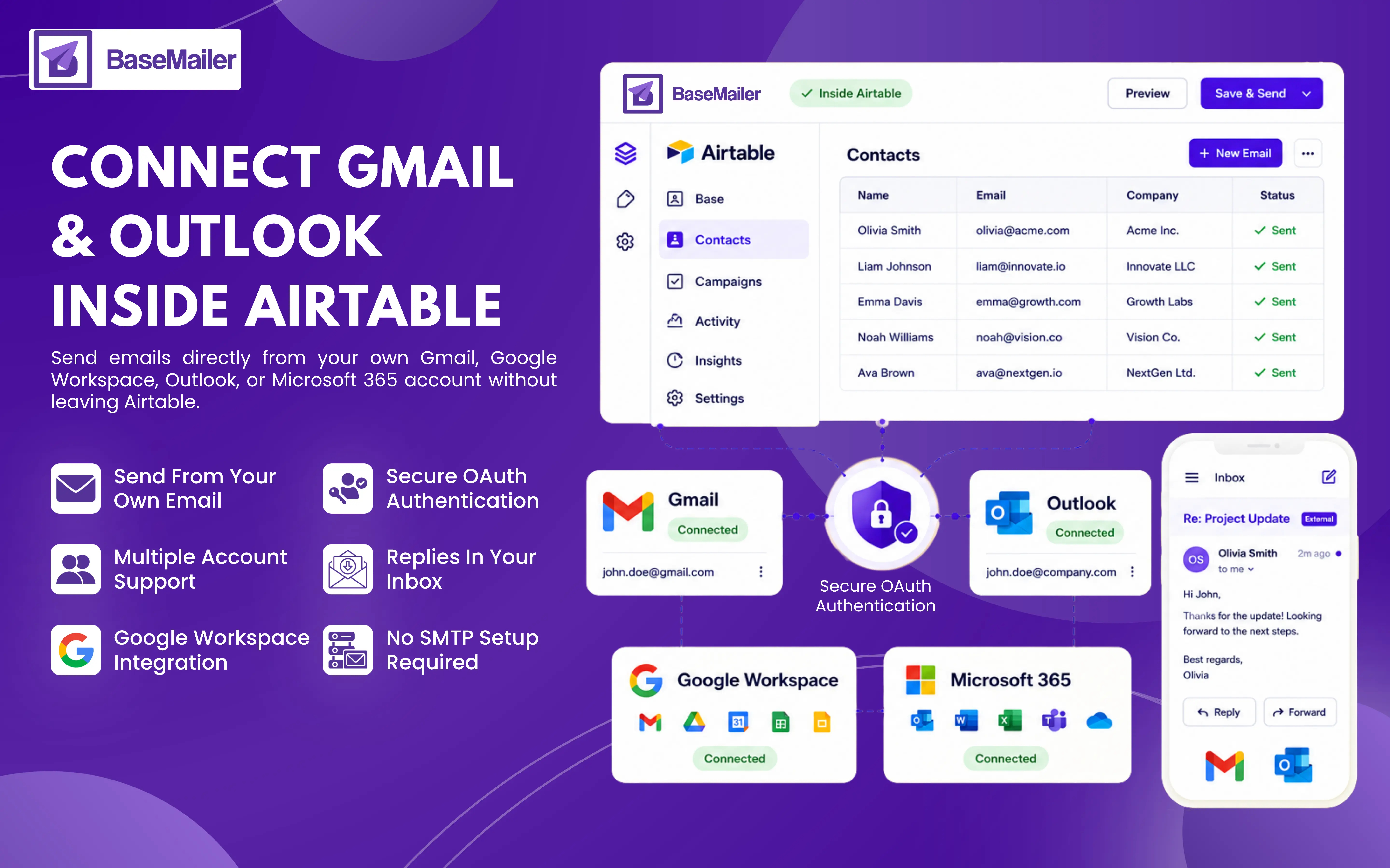 BaseMailer connecting Gmail, Google Workspace, Outlook, and Microsoft 365 accounts inside Airtable