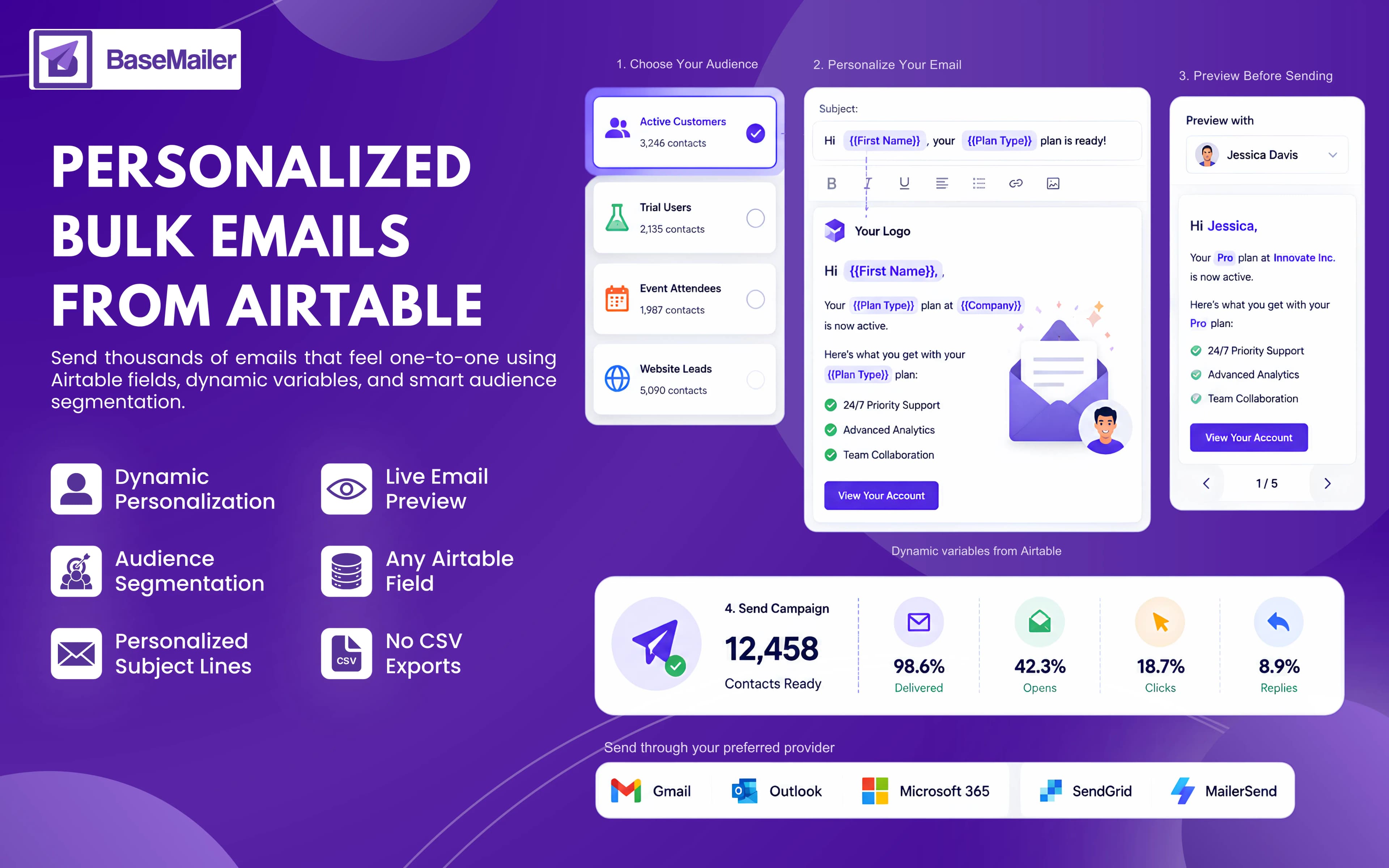 BaseMailer personalized bulk email campaign builder pulling dynamic fields from Airtable